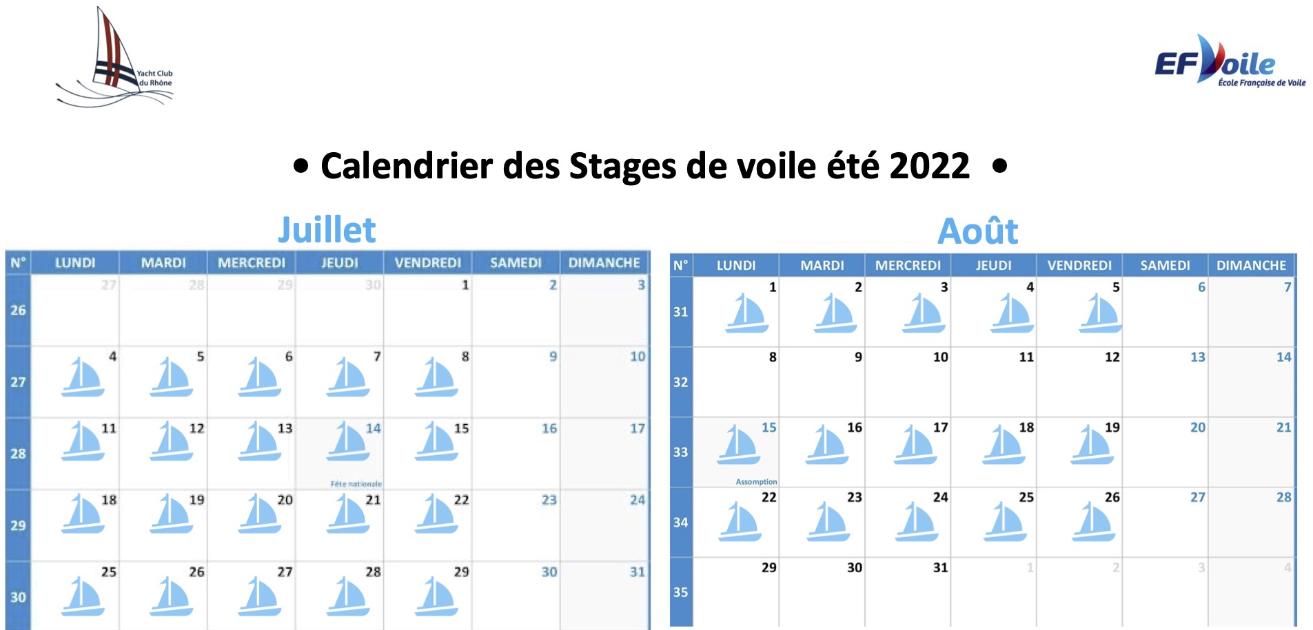 Calendrier stages de voile YCR 2022