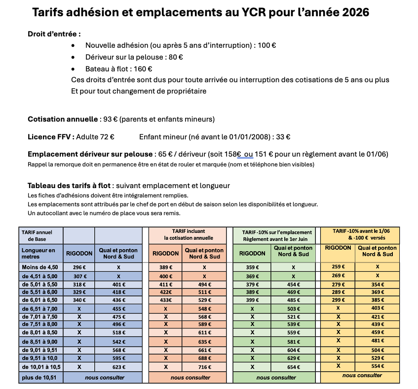 tarifs YCR 2026